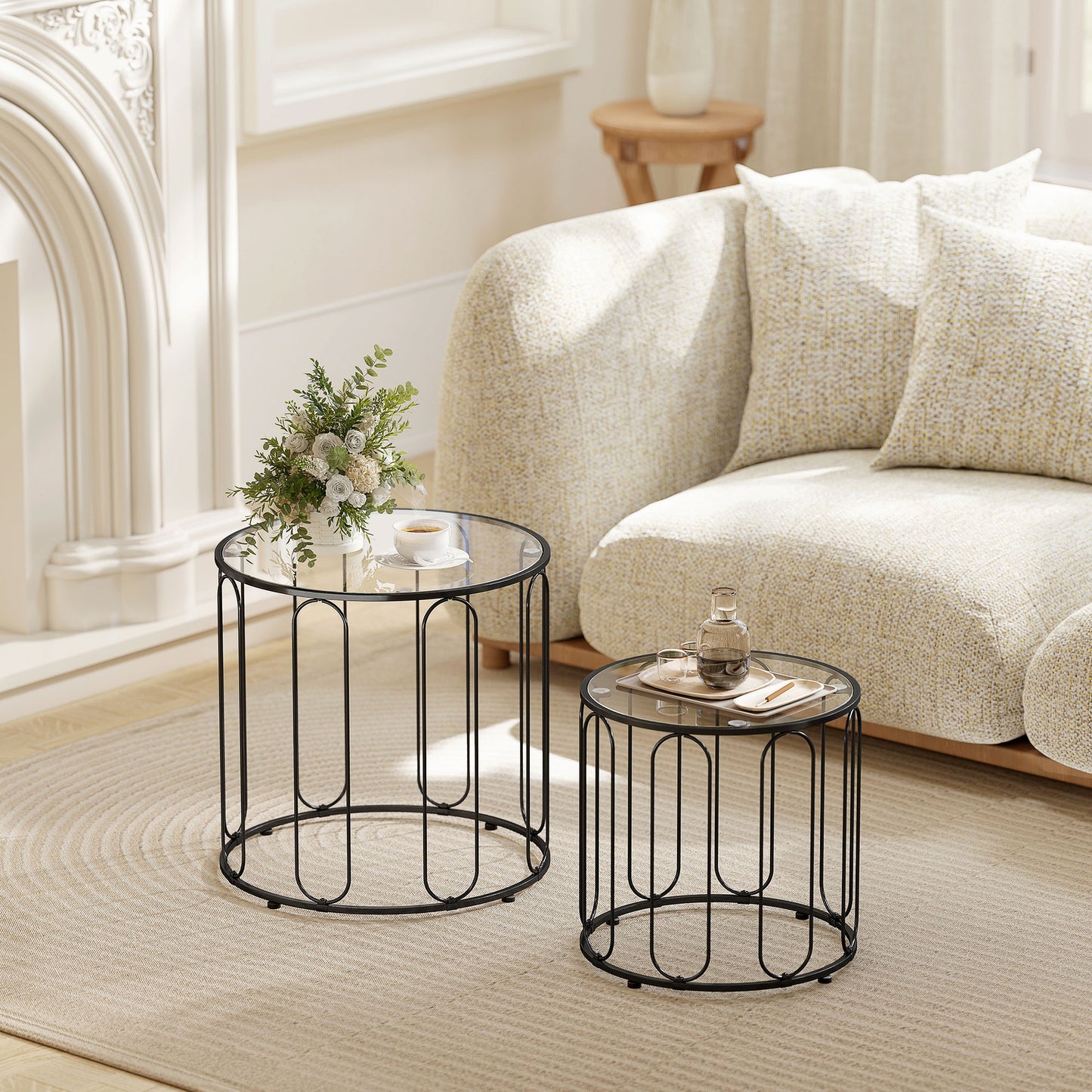 Coffee Table Set of 2, Nest of Tables with Metal Frame, Black