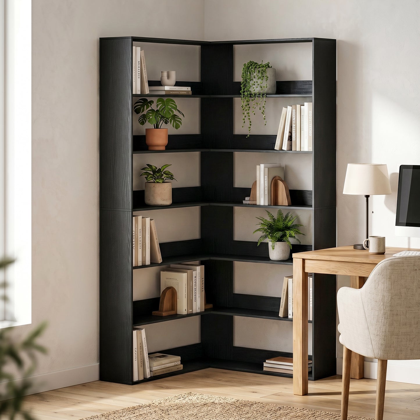7 Tiers Corner Bookshelf, L-Shaped Bookcase with Anti-Slip Rear Guard, Storage Shelves for Living Room, Bedroom and Home Office, 90W x 90D x 180H cm, Black Wood Effect