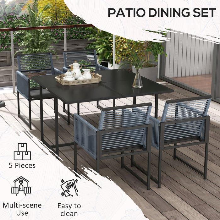 5 Pieces Garden Dining Set, Patio Dining Set, 4 Seater Outdoor Table and Chairs w/ Foldable Backrest, Tempered Glass Top, Handwoven