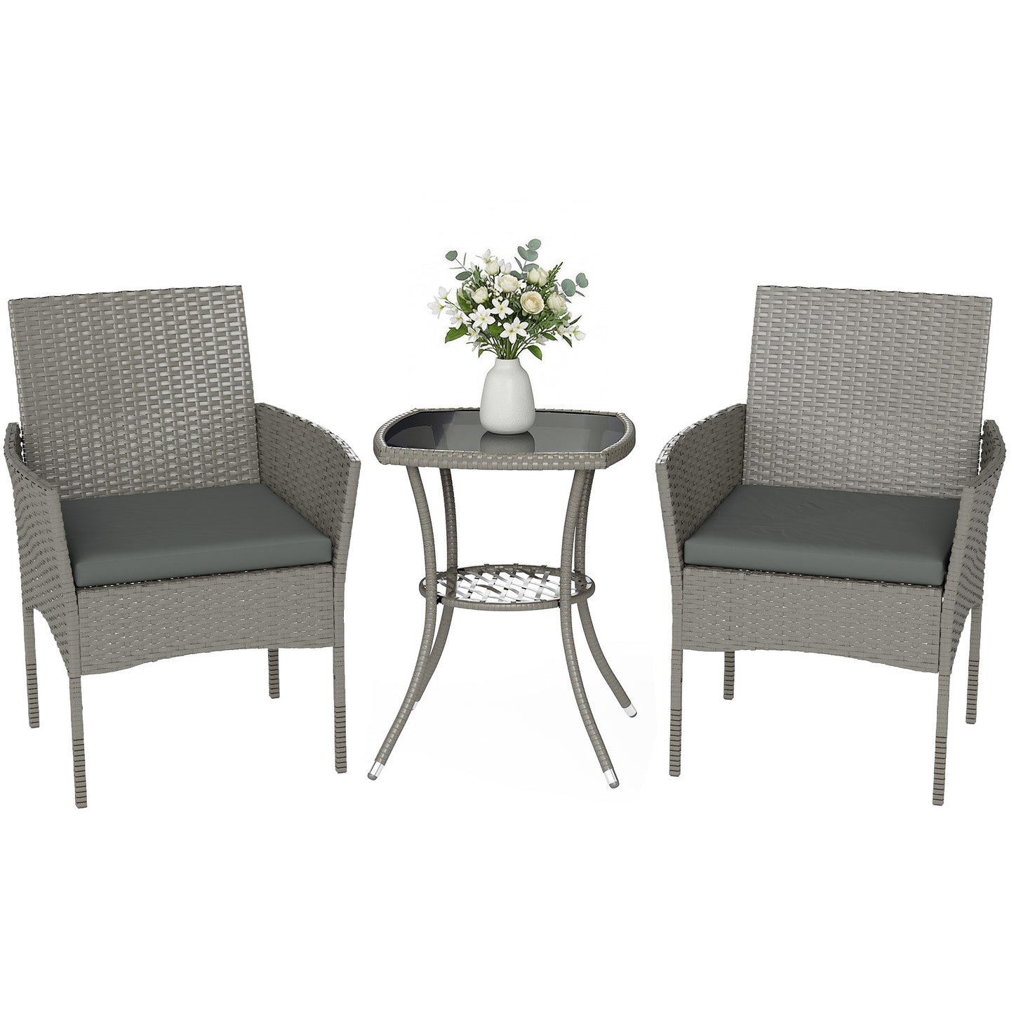 3 Piece Rattan Bistro Set with 2 Tier Glass-Top Table, Chairs