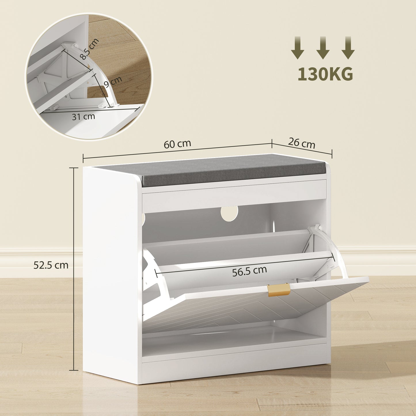 Shoe Bench with 1 Flip Drawer, Cushion, 5 Pairs for Entryway White