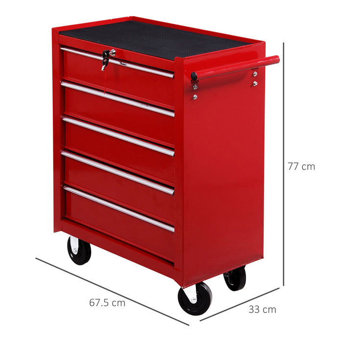 5 Drawer Tool Chest on Wheels, Lockable Steel Tool Trolley with Side Handle for Workshop, Garage, Red