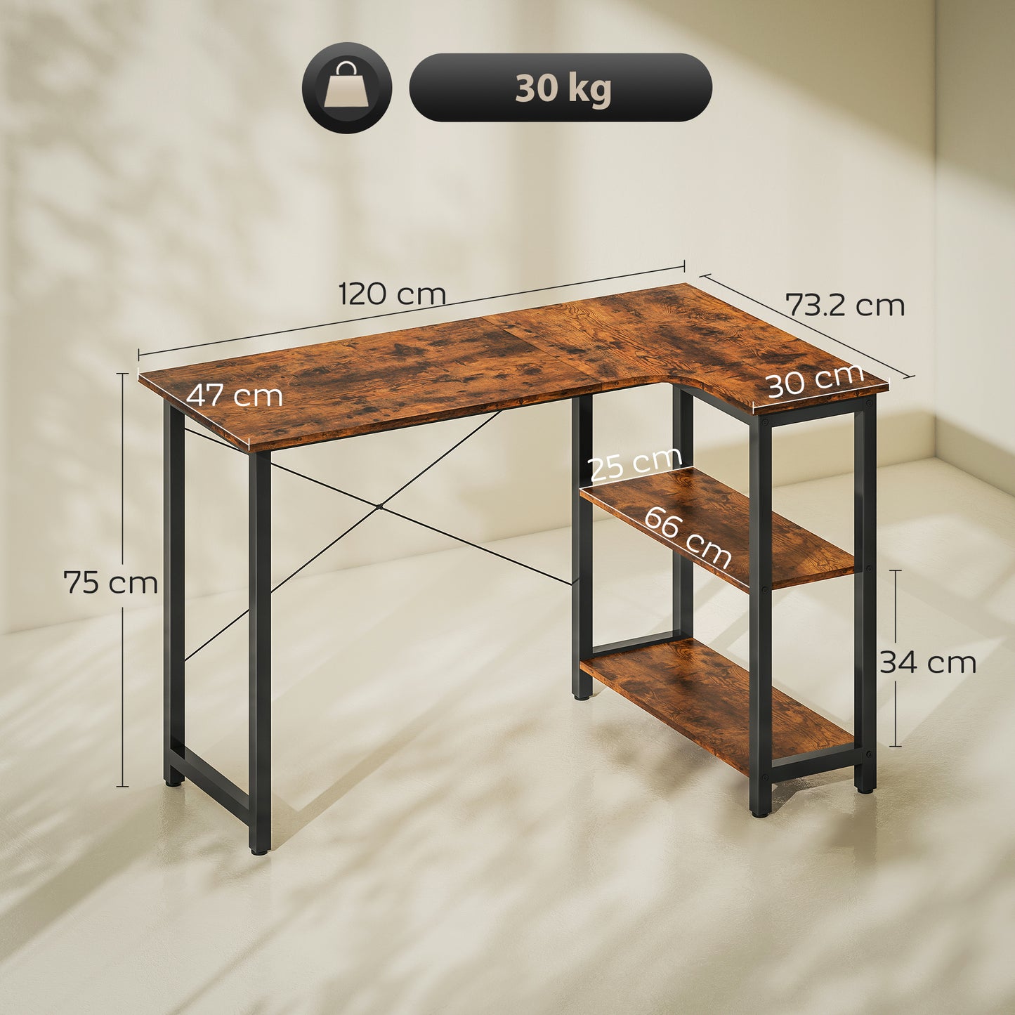 L-Shaped Computer Desk Study Workstation with 2 Shelves, Steel Frame