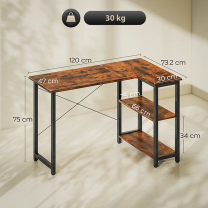 L-Shaped Computer Desk Study Workstation with 2 Shelves, Steel Frame