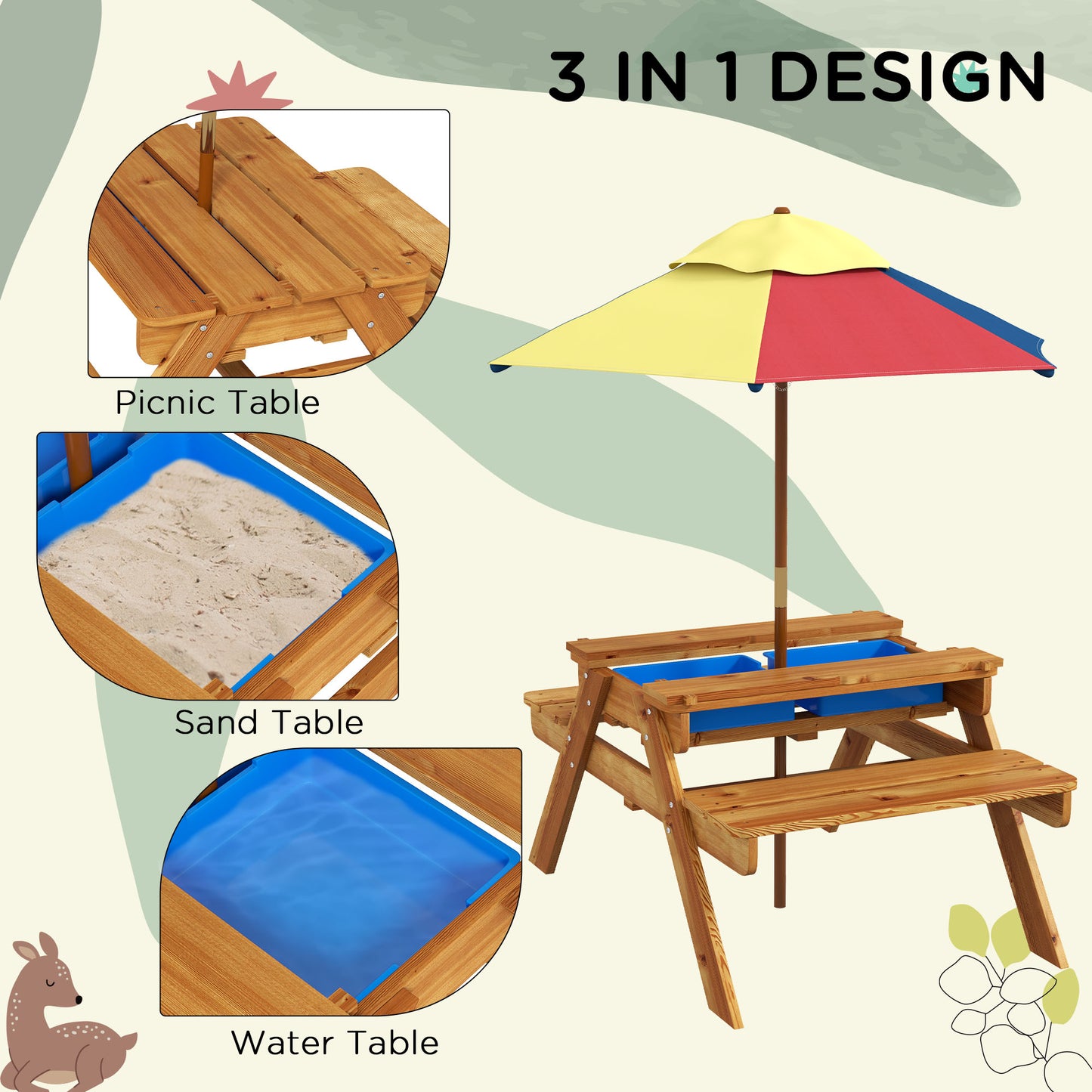 Kids Picnic Table Set, 3 in 1 Sand Pit Activity Table, Kids Garden Furniture w/ Removable Parasol, for 3-6 Years