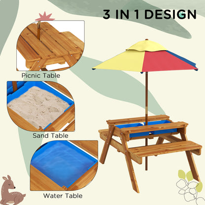 Kids Picnic Table Set, 3 in 1 Sand Pit Activity Table, Kids Garden Furniture w/ Removable Parasol, for 3-6 Years