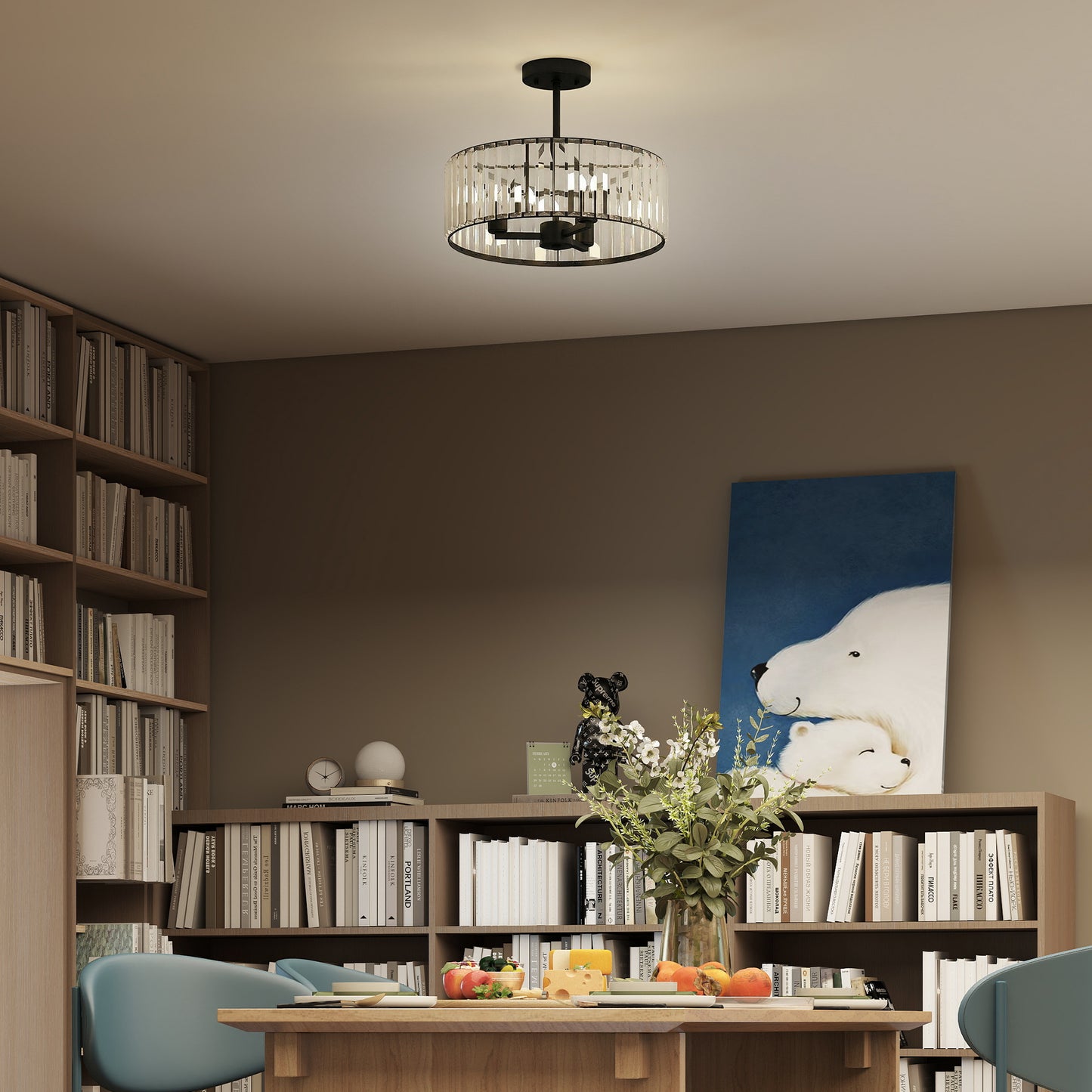 Semi Flush Mount Modern Crystal Chandelier Ceiling Light, Black