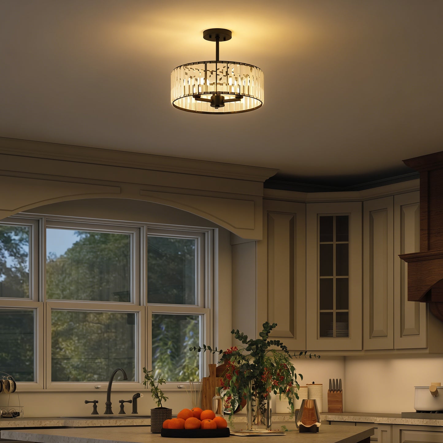 Semi Flush Mount Modern Crystal Chandelier Ceiling Light, Black