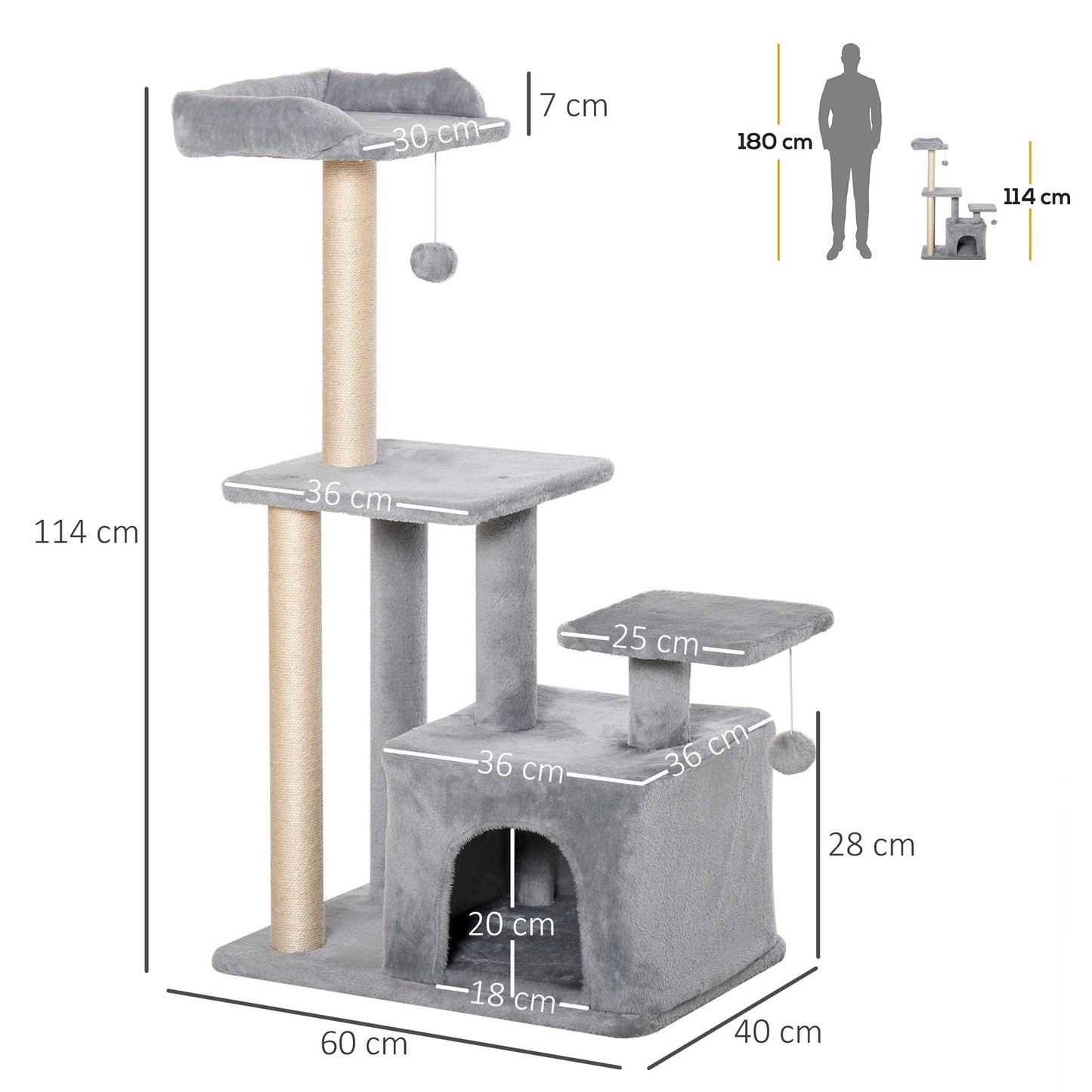 Cat Tree Tower for Indoor Cats 114cm Climbing Activity Centre Kitten with Sisal Scratching Post Perch Hanging Ball Condo Toy Light Grey
