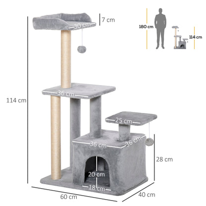 Cat Tree Tower for Indoor Cats 114cm Climbing Activity Centre Kitten with Sisal Scratching Post Perch Hanging Ball Condo Toy Light Grey