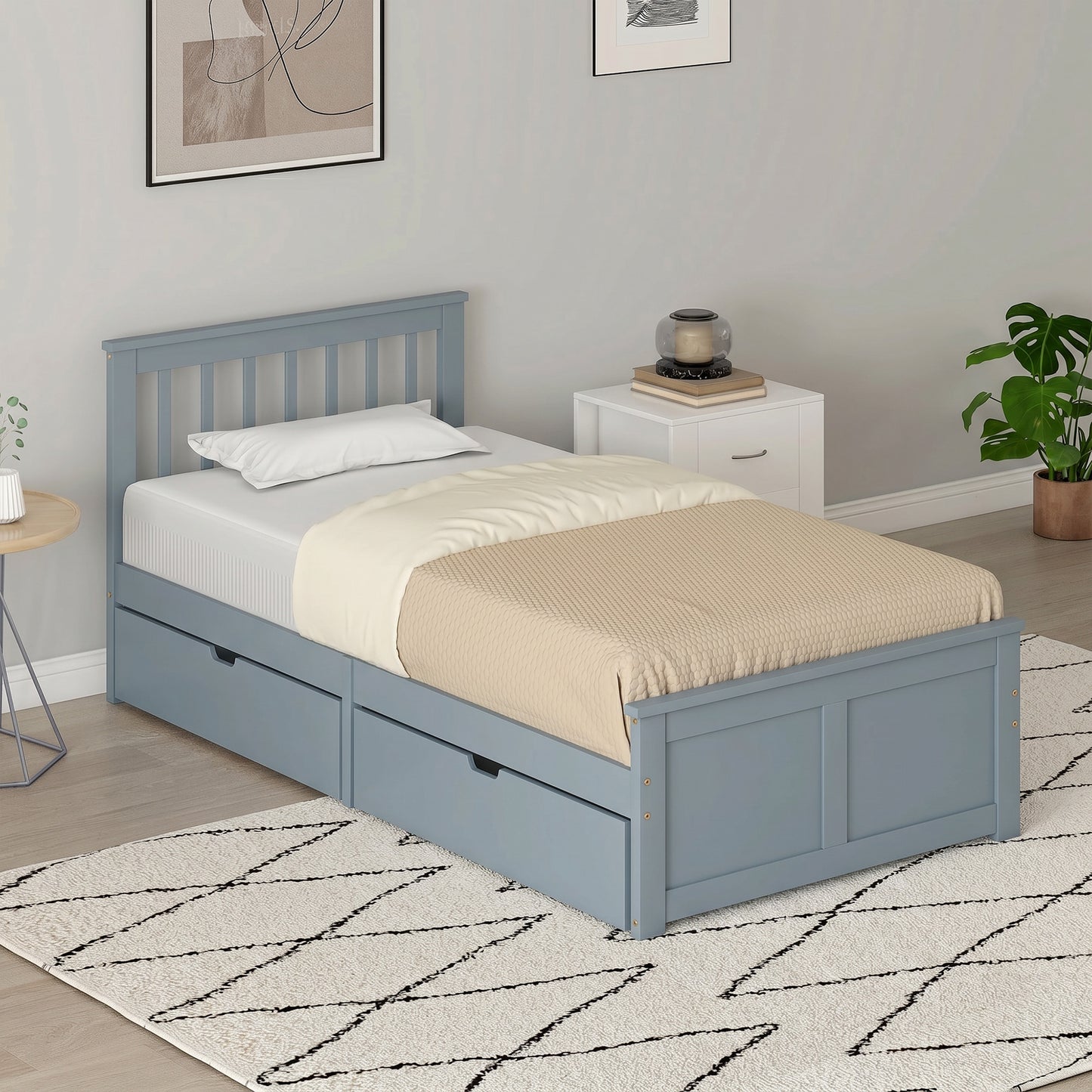 Storage Bed with 2 Drawers, Headboard, Wood Slat Support, Grey