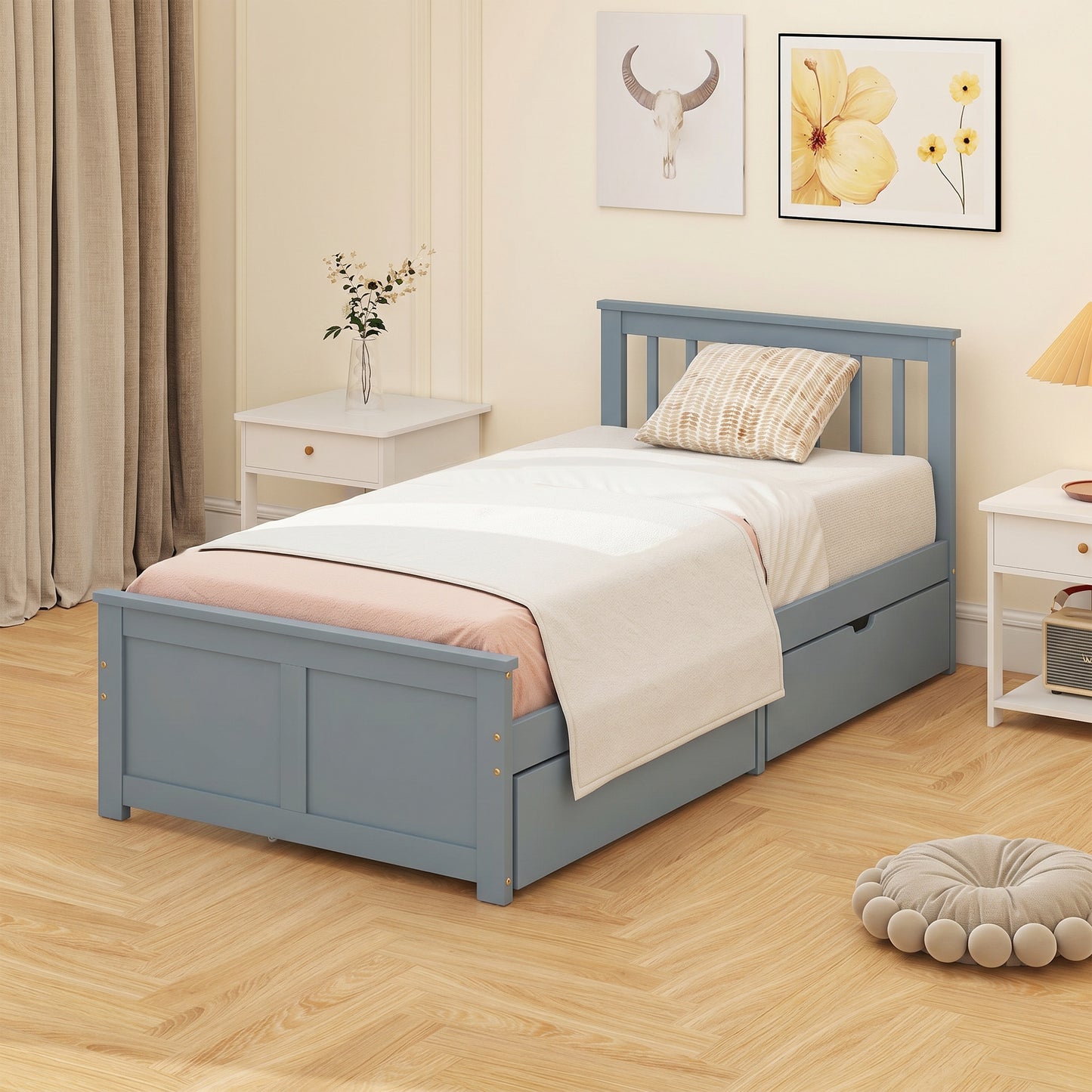Storage Bed with 2 Drawers, Headboard, Wood Slat Support, Grey