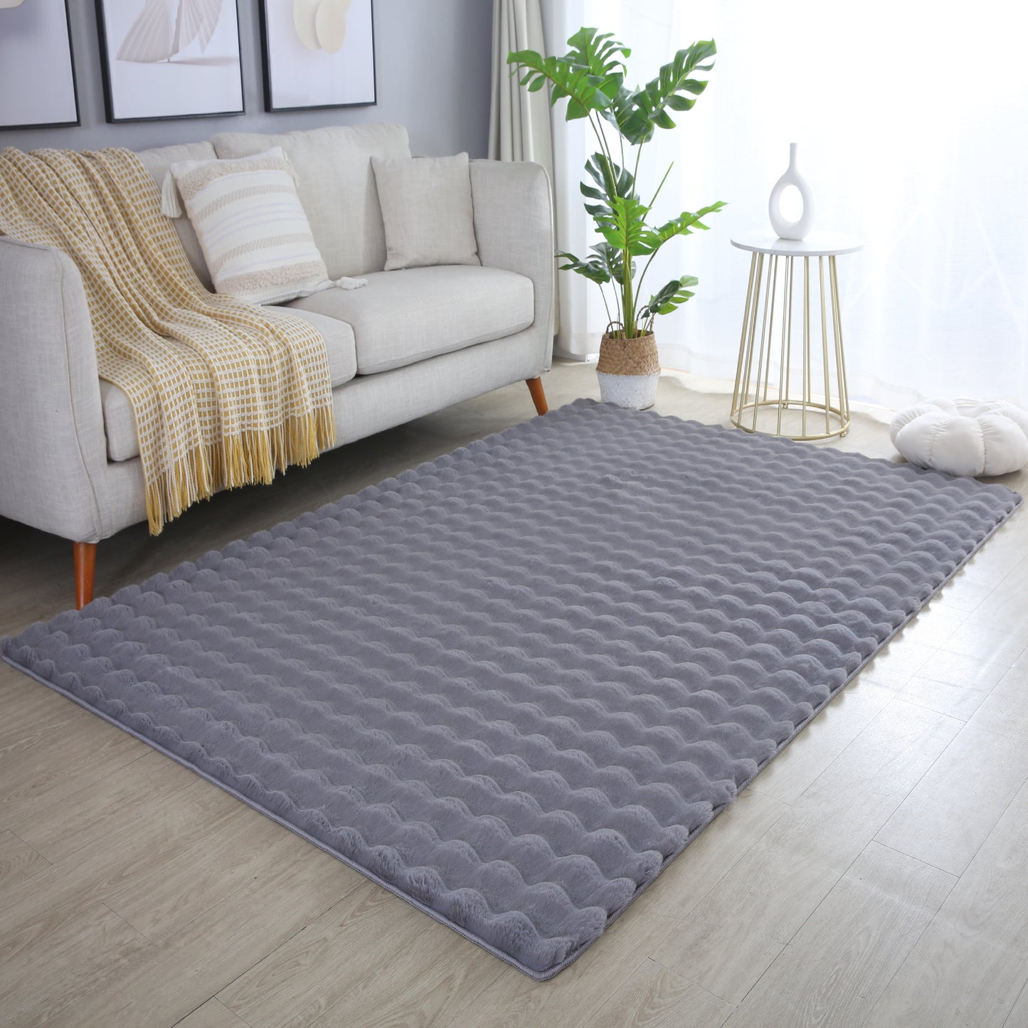 Orbie Plain Washable Living Room Area Rug with Ridge & Furrow Machine Carved Pattern - 5 Colours Available