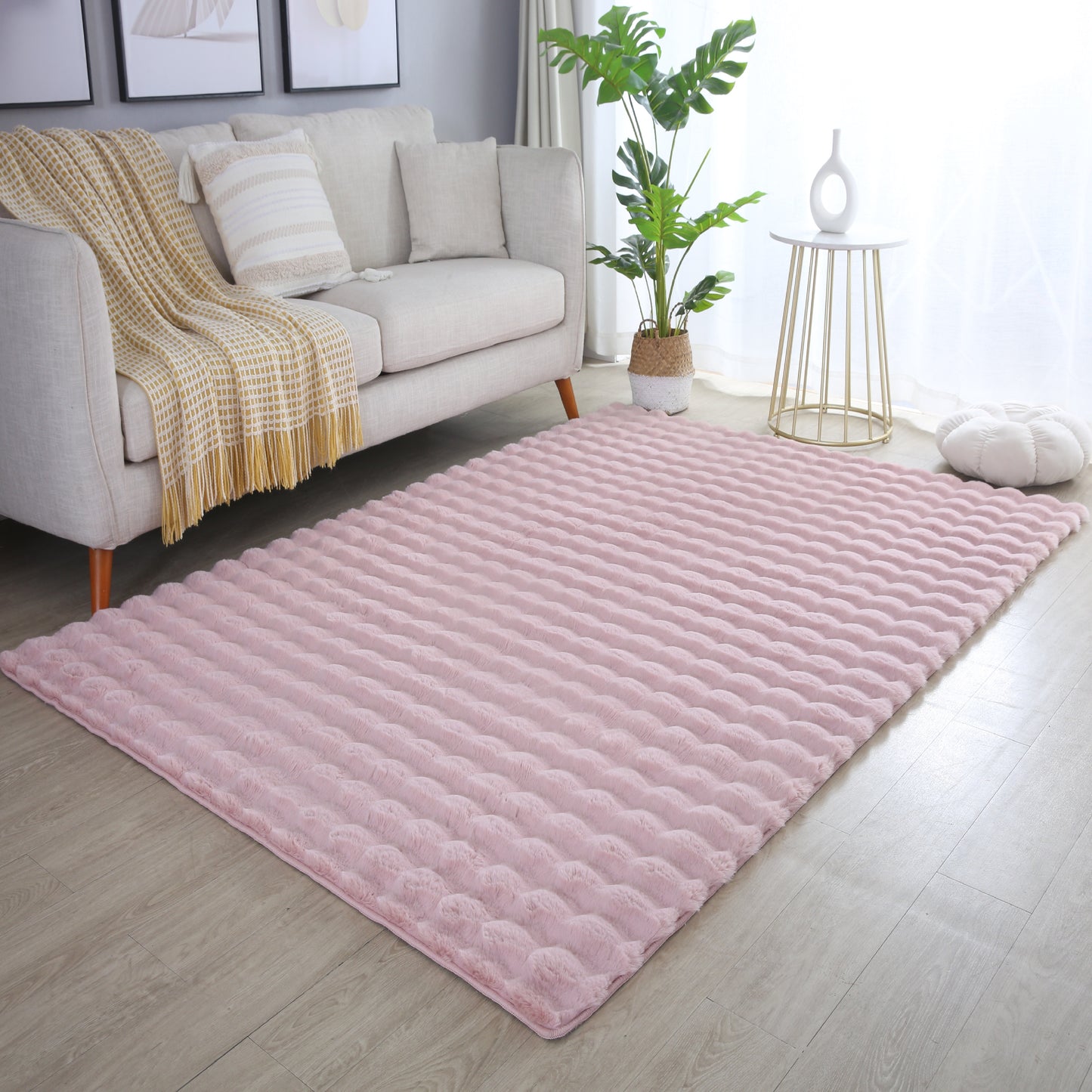 Orbie Plain Washable Living Room Area Rug with Ridge & Furrow Machine Carved Pattern - 5 Colours Available