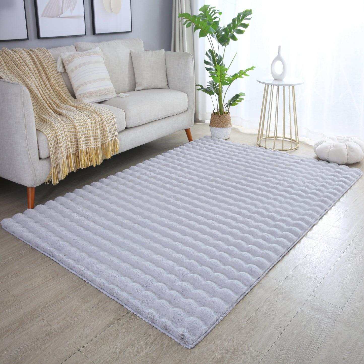 Orbie Plain Washable Living Room Area Rug with Ridge & Furrow Machine Carved Pattern - 5 Colours Available