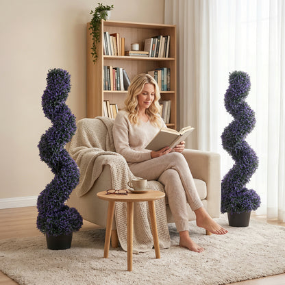 Set of 2 Artificial Boxwood Topiary Tree, Spiral Topiary Tree with 840 Leaves, Fake Plants in Pot for Indoor Outdoor Decor, 120cm, Purple