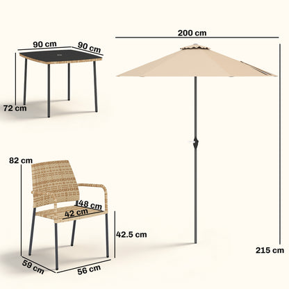 4 Seater Rattan Dining Set with Parasol, Light Brown