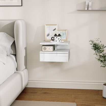 Wall Mounted Nightstand, Floating Bedside Table, High Gloss White