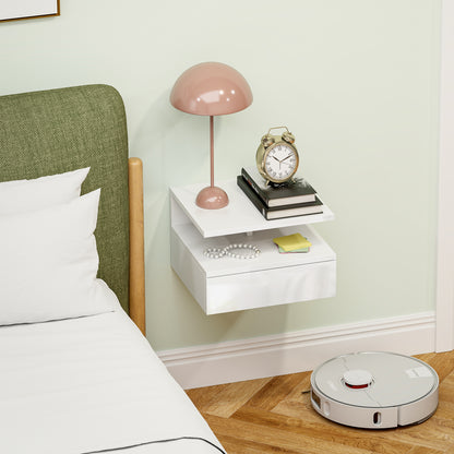 Wall Mounted Nightstand, Floating Bedside Table, High Gloss White