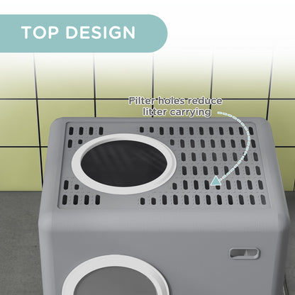 Cat Litter Box Enclosed with Lid Front Entry Top Exit, Drawer Tray, Scoop, 52L x 41W x 38.5Hcm - Grey