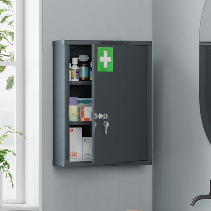 3-Tier Lockable Wall-Mounted Steel Medicine Cabinet with 2 Keys - Smoke Grey