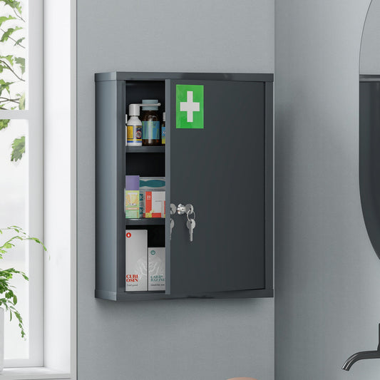 3-Tier Lockable Wall-Mounted Steel Medicine Cabinet with 2 Keys - Smoke Grey