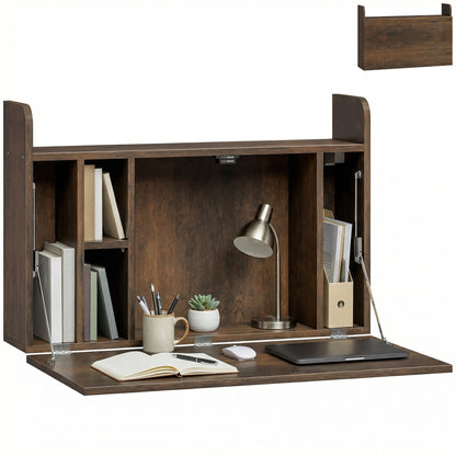 Wall Mounted Table w/ Space Saving Storage Compartments, Dark Brown