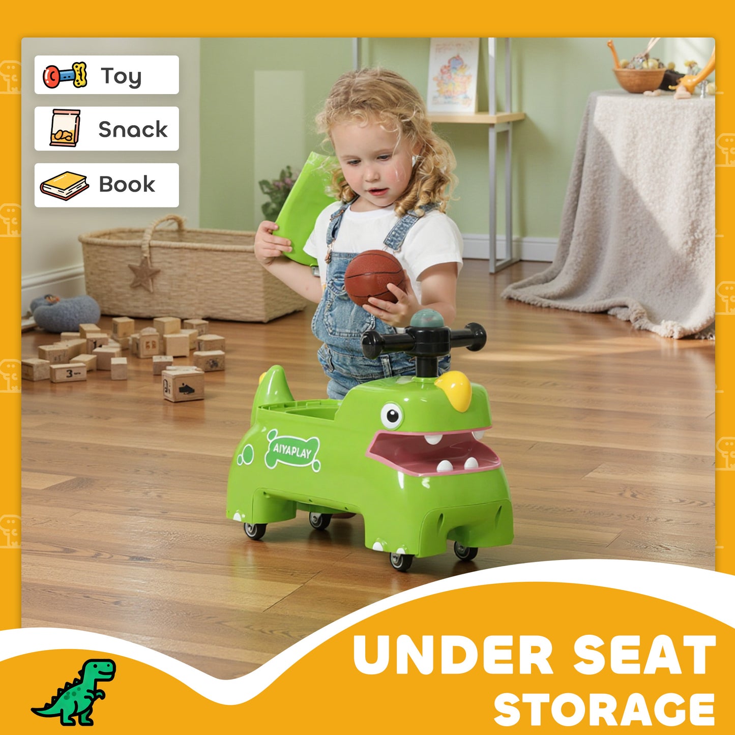 Kids Ride On Car, Dinosaur Shape Toddler Walker, Green