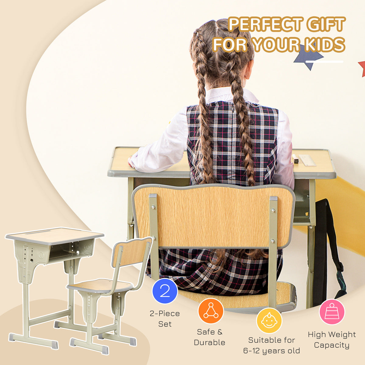 Height Adjustable Kids Desk and Chair Set for 6-12 Years, Grey