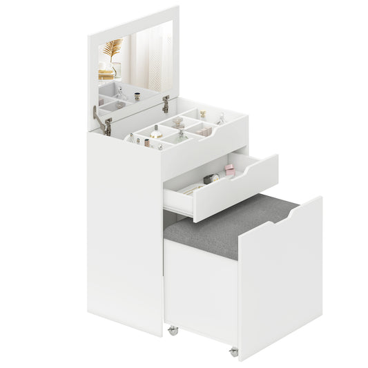 Dressing Table with Mirror and Stool, Vanity Table with Storage, White