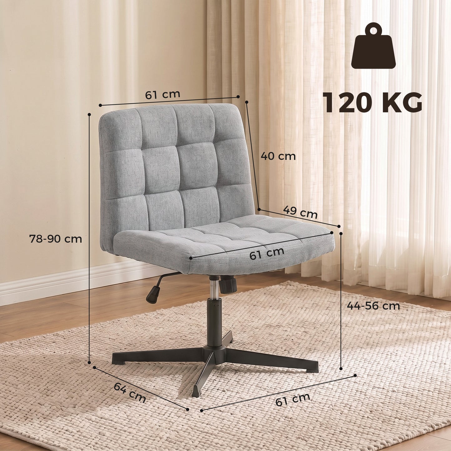 Armless Office Chair, Cross Legged Vanity Chair with Wide Seat, Grey