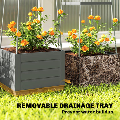 2 Pack Raised Garden Bed with Trellis, Plastic Outdoor Planter Box with Removable Drainage Tray, Tomato Cage for Climbing Plants, Vegetables, Flowers, 28 x 28 x 140 cm