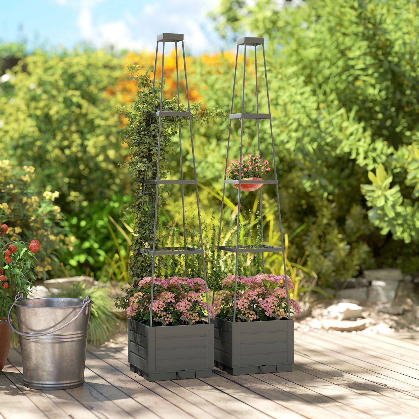 2 Pack Raised Garden Bed with Trellis and Removable Drainage Tray