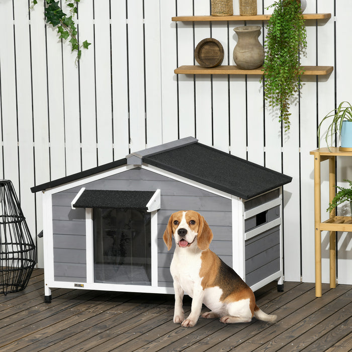 Large Wooden Dog Kennel Elevated Dog Kennels for Outside, w/ Openable Top, Asphalt Roof, Removable Tray, Adjustable Leg, Grey