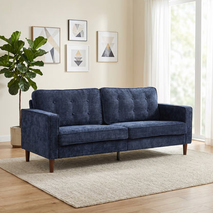 3 Seater Sofa, Velvet-Feel Fabric Upholstered Small Couch for Bedroom, Modern Sofa Settee with Padded Cushion, Button Tufting and Wood Legs for Living Room, Dark Blue
