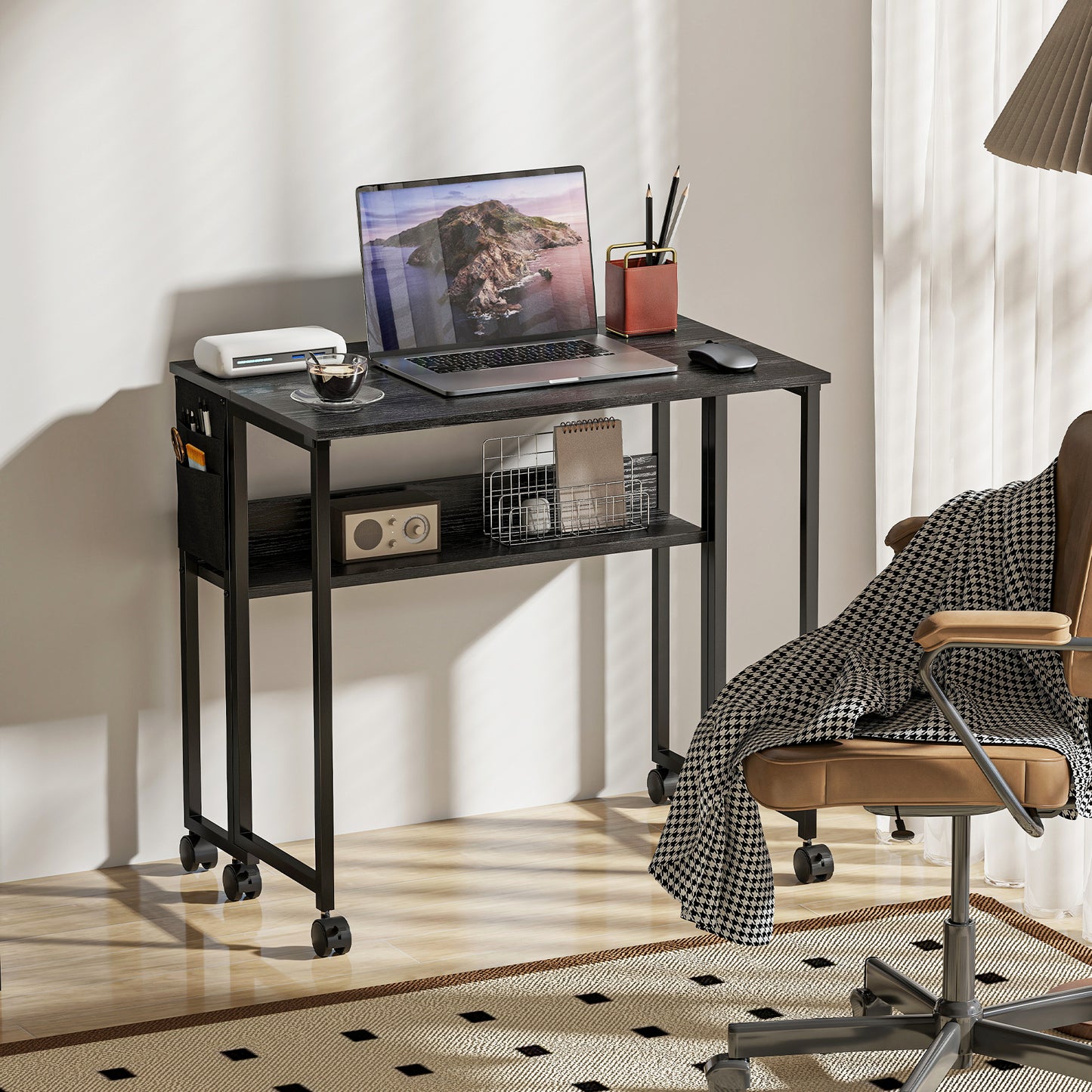 80 cm Foldable Computer Desk on Wheels for Small Spaces, Black