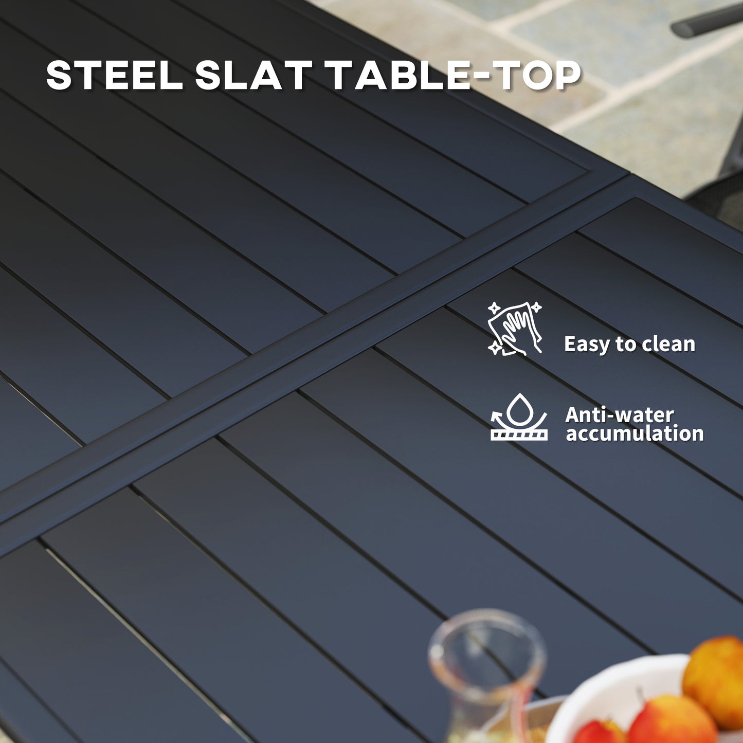 Garden Table for 6 Person with Slat Top, Steel Frame, Black