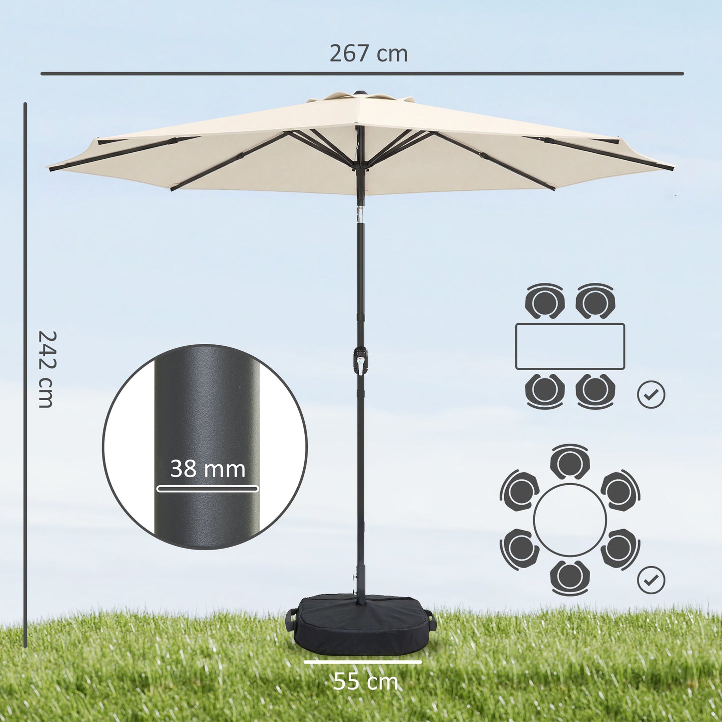 2.7 m Garden Parasol Umbrella with Cross Base, Sandbag, Cream White