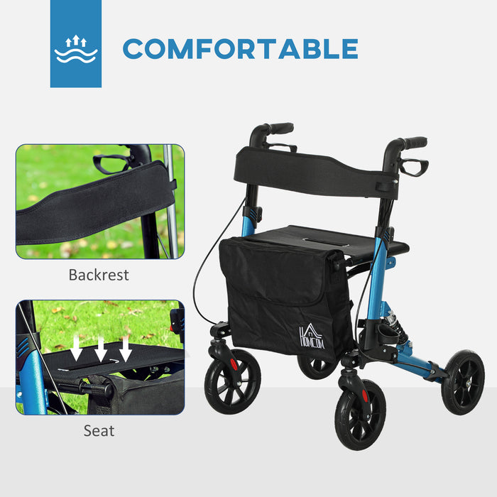 Folding Rollator Walker with Seat, Backrest, Bag, 4 Wheels, Blue