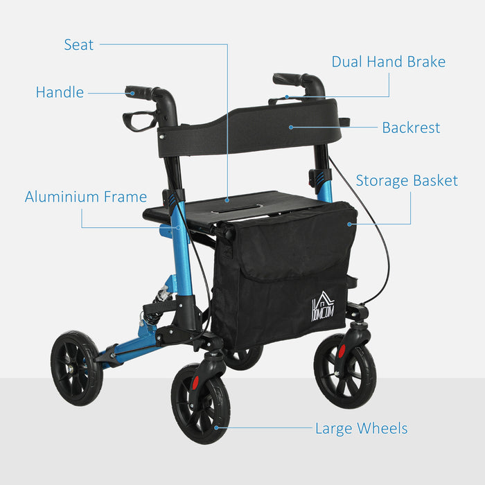 Folding Rollator Walker with Seat, Backrest, Bag, 4 Wheels, Blue