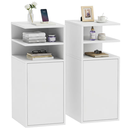 Slim Bedside Table Set of 2 with Open Cubbies and Cupboard, White