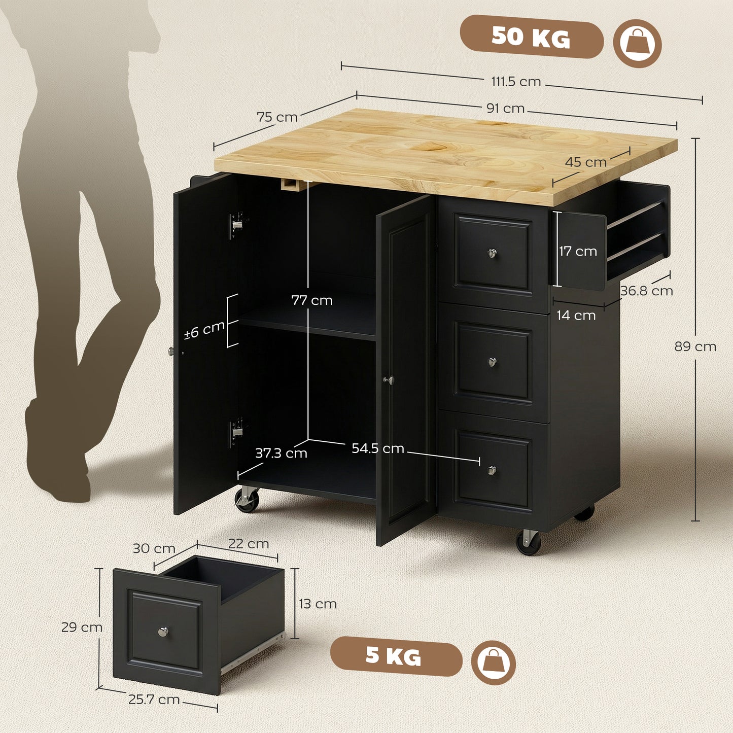 Rolling Kitchen Island, Kitchen Storage Trolley w/ Drop Leaf, Drawers