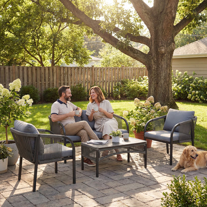 4 Piece Rattan Garden Furniture Set w/ Steel Frame, Cushions, Grey