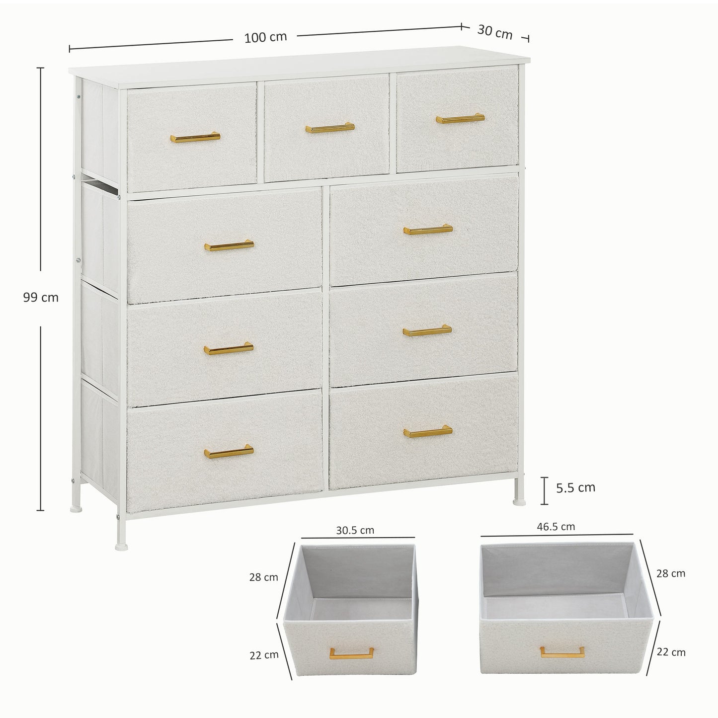Chest of Drawers with 9 Drawers, Boucle Storage Organiser, Cream
