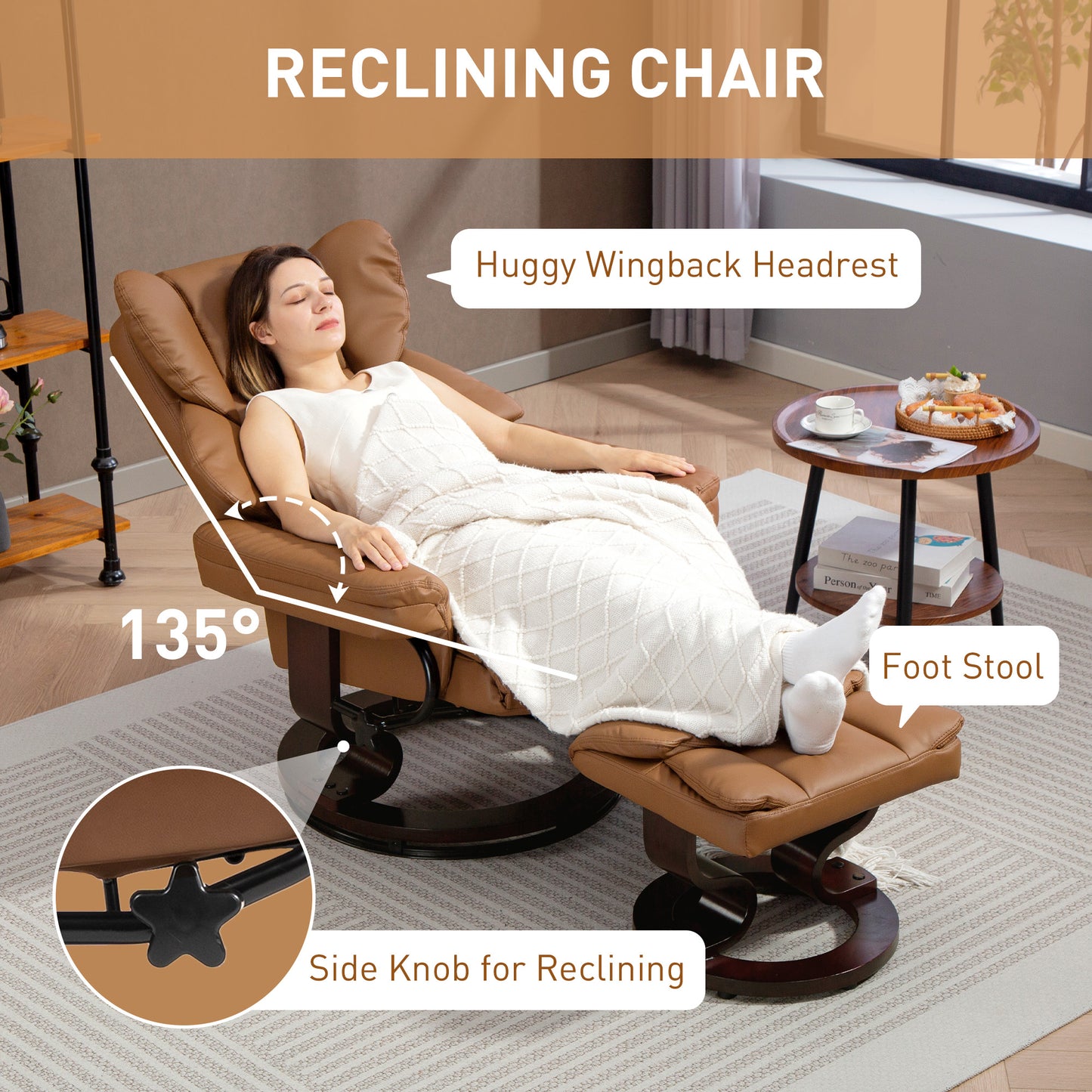 PU Leather Manual Reclining Armchair Footstool Padded Seat Brown