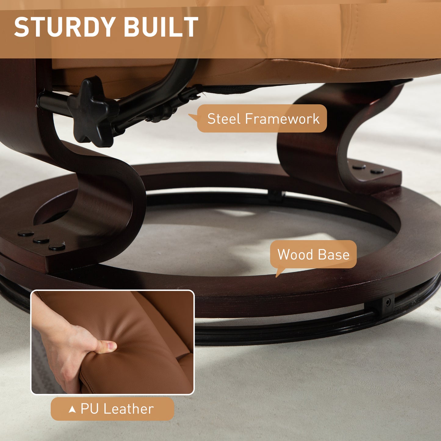 PU Leather Manual Reclining Armchair Footstool Padded Seat Brown