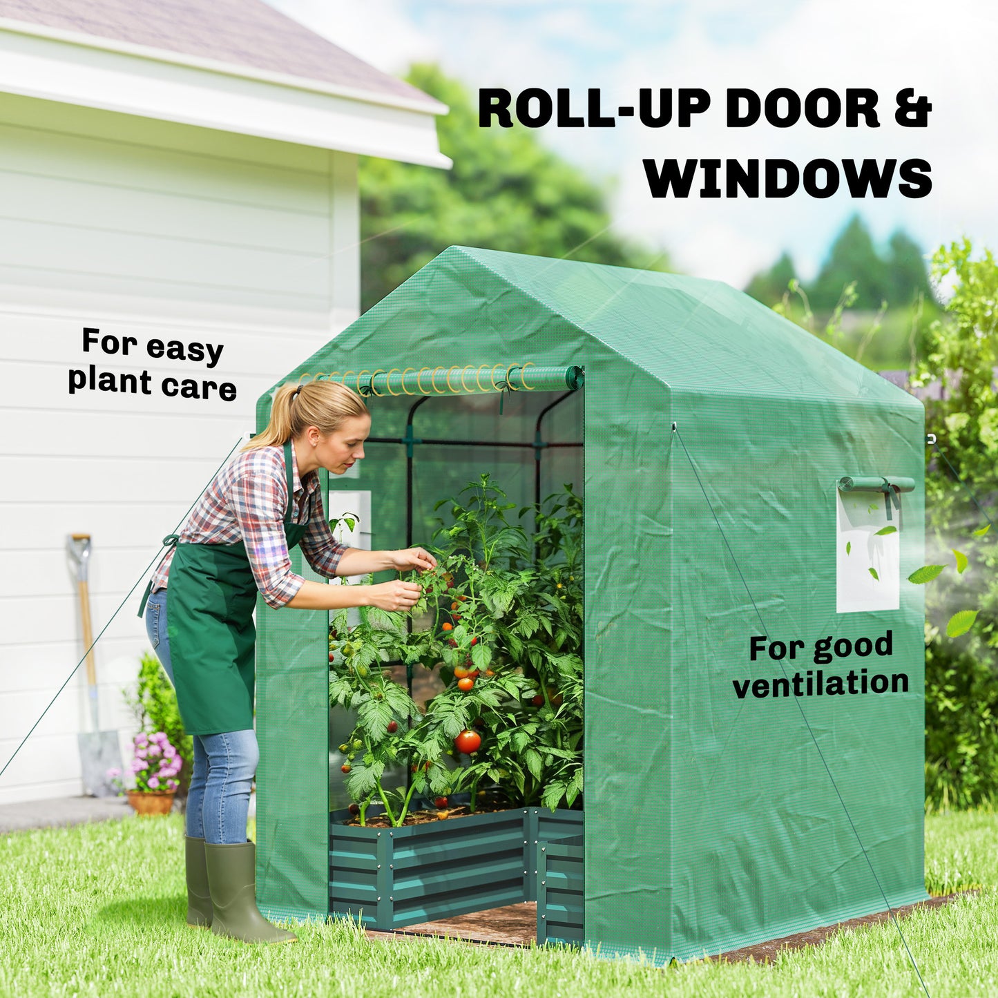 Mini Greenhouse Outdoor Greenhouse with Roll Up Door, Green
