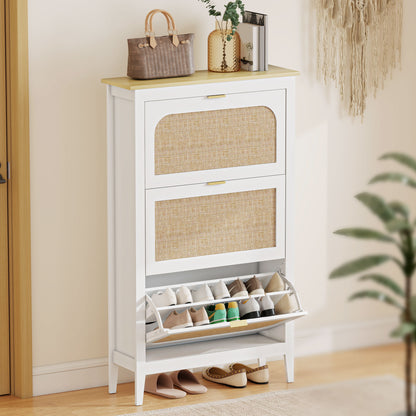 Shoe Storage Cabinet with 3 Flip Drawers, Boho Slim Shoe Cabinet with Rattan Doors for Entryway, Hallway, Holds 21 Pairs, White