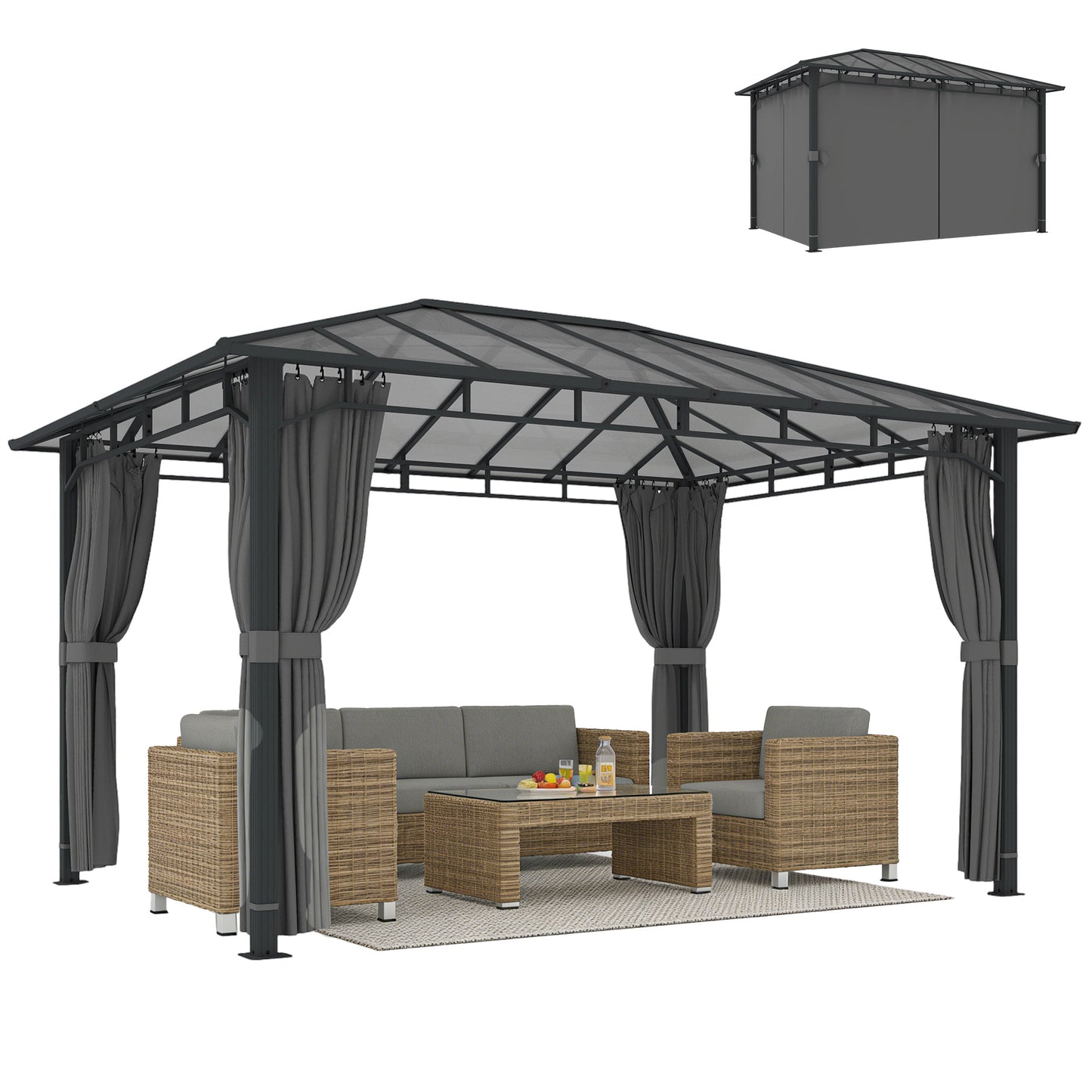 3 x 4 m Hardtop Gazebo with PC Roof, Aluminium Frame, Dark Grey