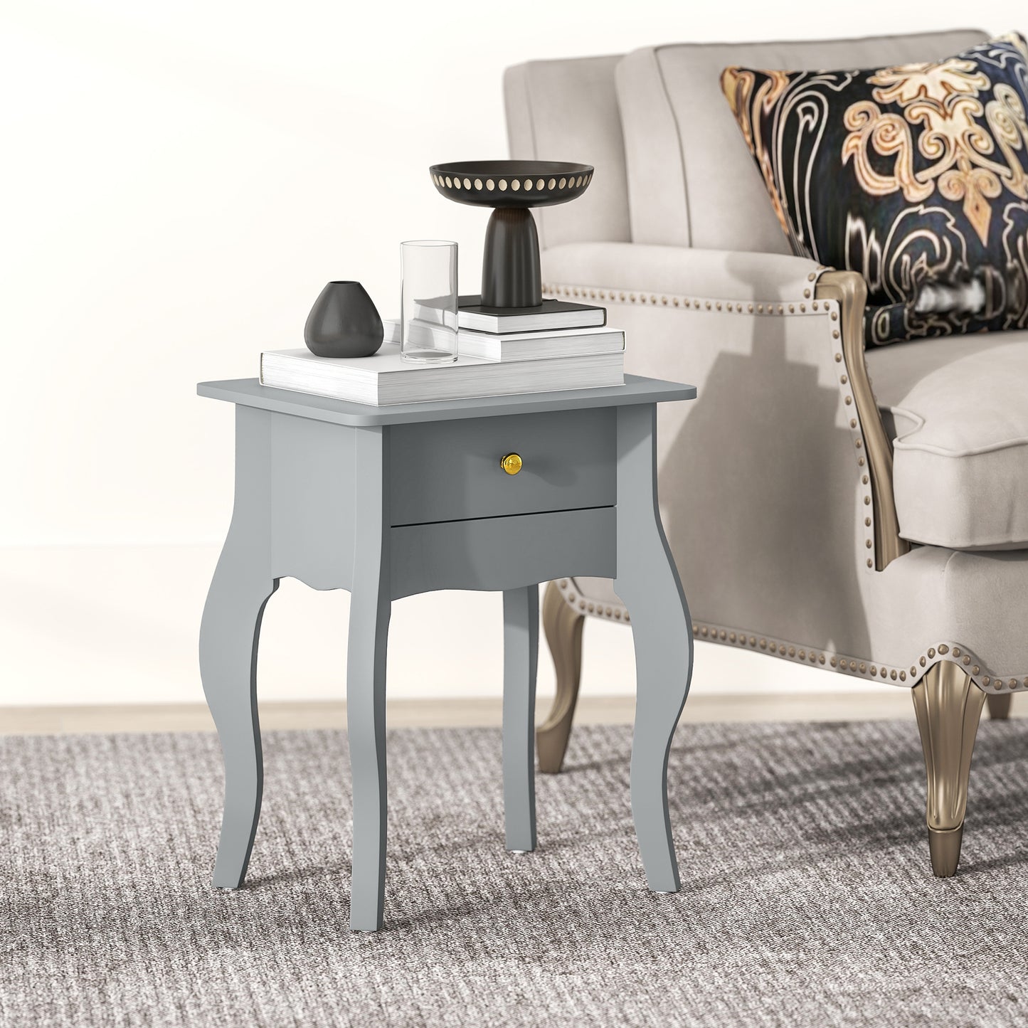 End Table French Style Small Table with Drawer and Curved Legs, Grey